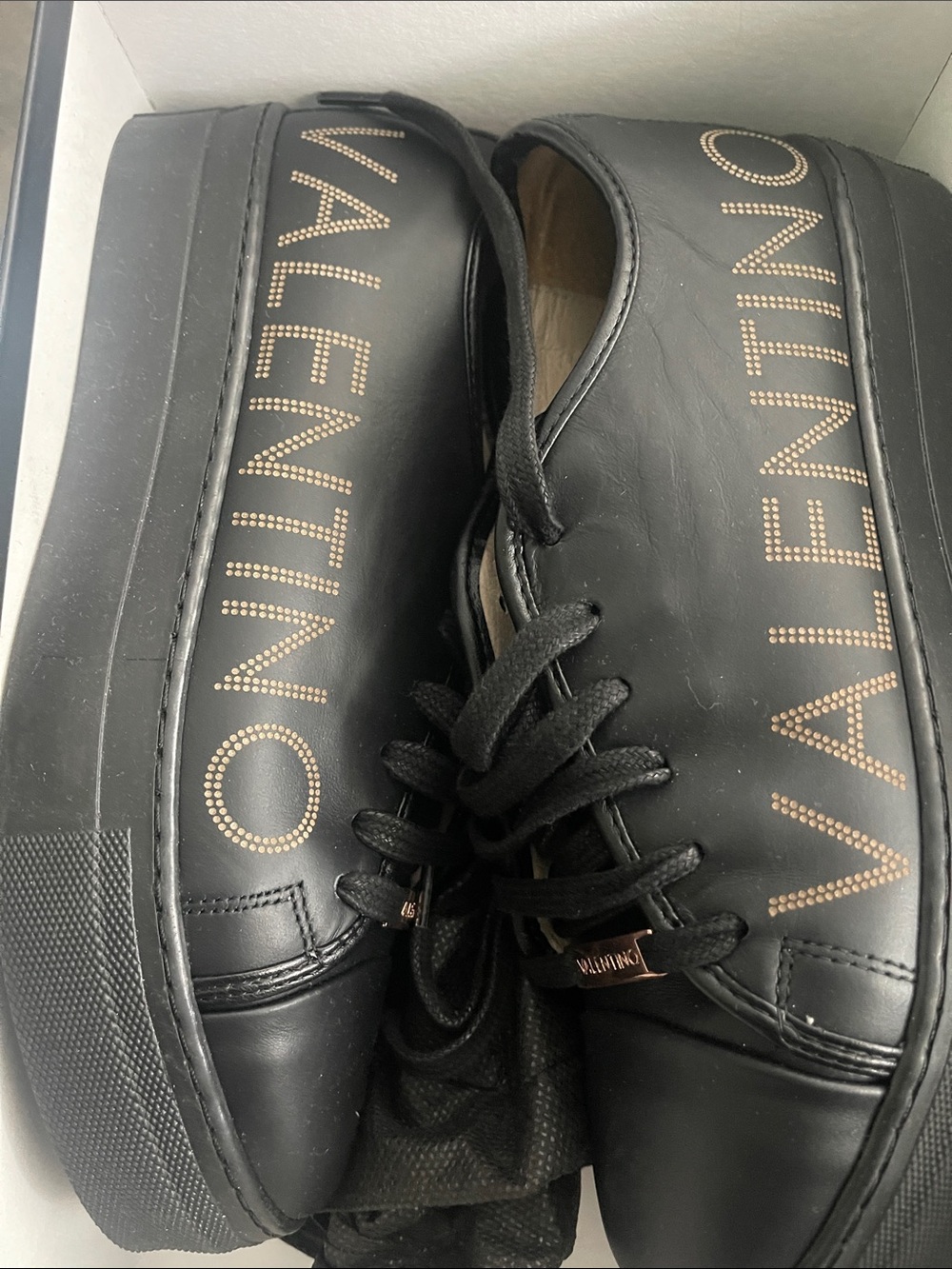 Valentino Black Leather Sneakers with Gold Dot Logo